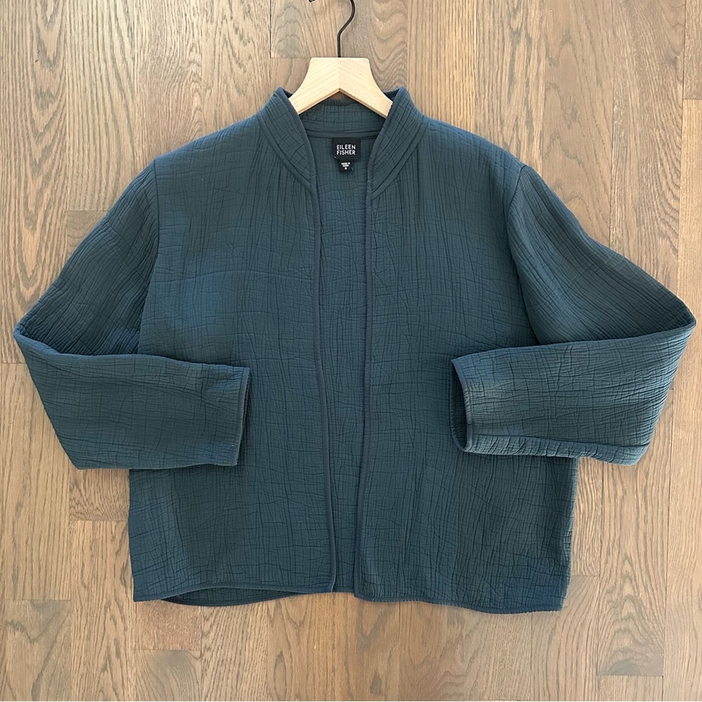 Eileen Fisher Textured Stand Collar Silk Blend Jacket Emerald Blue Green Small